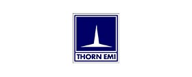 A blue and white logo of the company thorn emi.