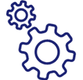 A blue dotted line drawing of two gears.